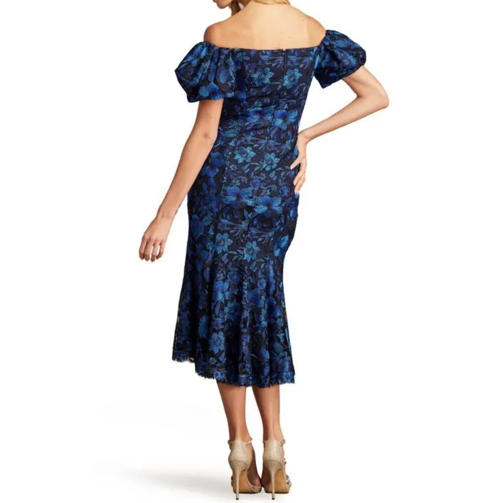 Tadashi Shoji Embroidered Floral Off-The-Shoulder Midi Dress Blue Black Size 14 - Picture 2 of 10